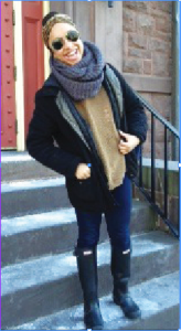 Sarah Welch ’14 styles her outfit with a grey infinity scarf with metallic gold threading.