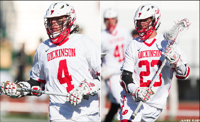 Tyler Llewellyn ‘17 (left) and Rob Kendall ‘16 (right) combined for 5 goals in Dickinson 11-13 defeat this past Saturday against Nazareth.