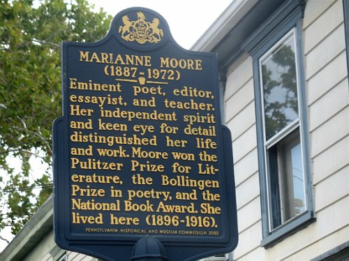 The Marianne Moore sign is displayed at 343 N Hanover St, the poet's old home in Carlisle.