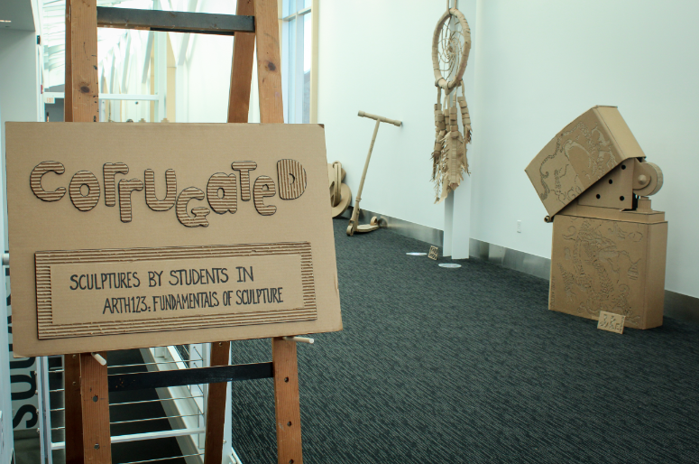 Corrugated+cardboard+sculptures+by+students+have+been+moved+from+the+library+to+the+Kline+lobby.