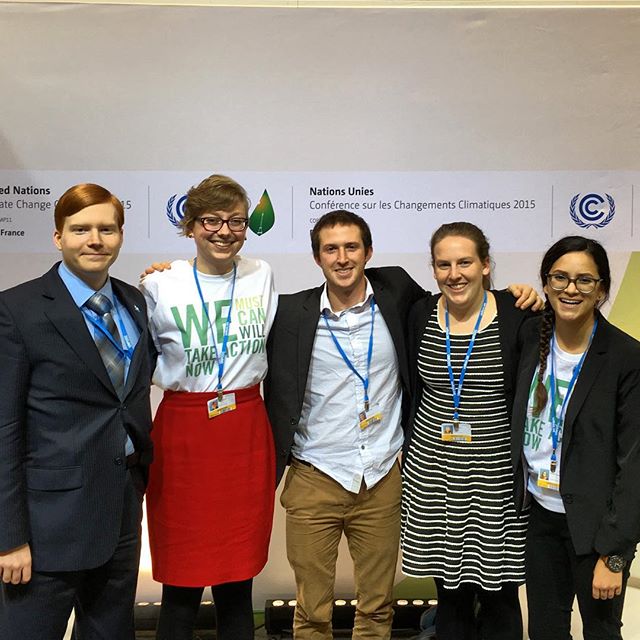 The Dickinson delegation, Timothy Damon 12, Sarah Ganong 13, Sam Pollan 14, Anna McGinn 14, and Liz Pladcencia 16, at COP 21 in Paris, France.