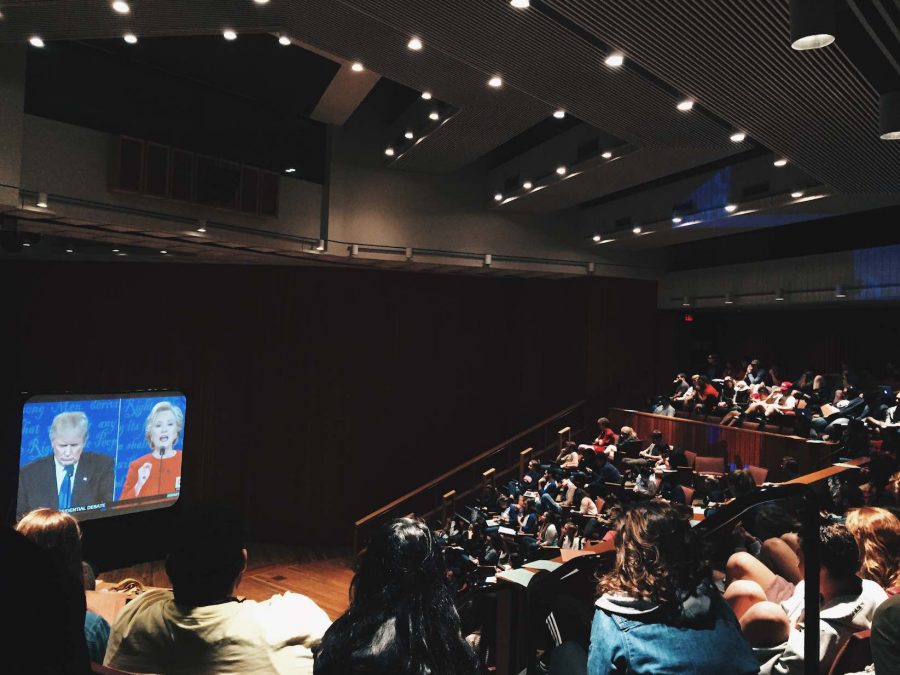 Approximately 200 students fill up seats in ATS to witness the monumental first debate between Hillary Clinton and Donald Trump at September 26 viewing party. 