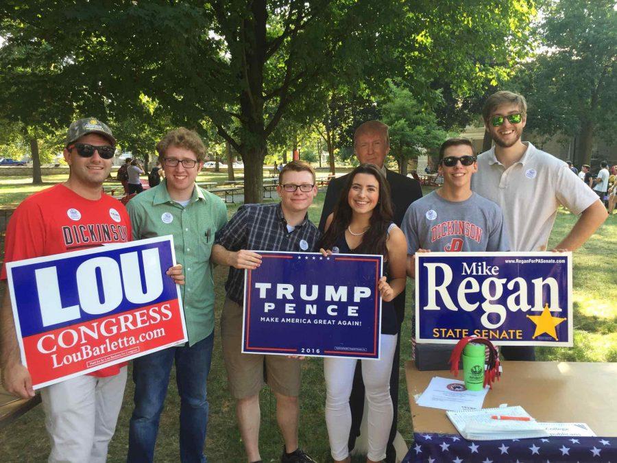 From left to right: Benjamin Fleming ’19, Wesley Smith ’17, Mitchell Synder ’19, Krysti Oschal ’17, Mike Borsch ’19, Grant Shearer ’19.  The Dickinson College Republicans, who have formally endorsed Trump on their Facebook page, stand at their table at Activites Fair .