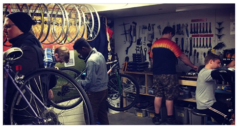 Students work on bikes in the Handlebar, located in the Bike Room of Davidson-Wilson dorm.