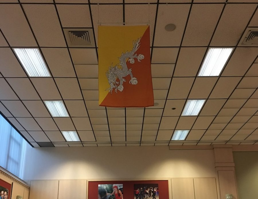 The Bhutanese flag displayed in the cafeteria.