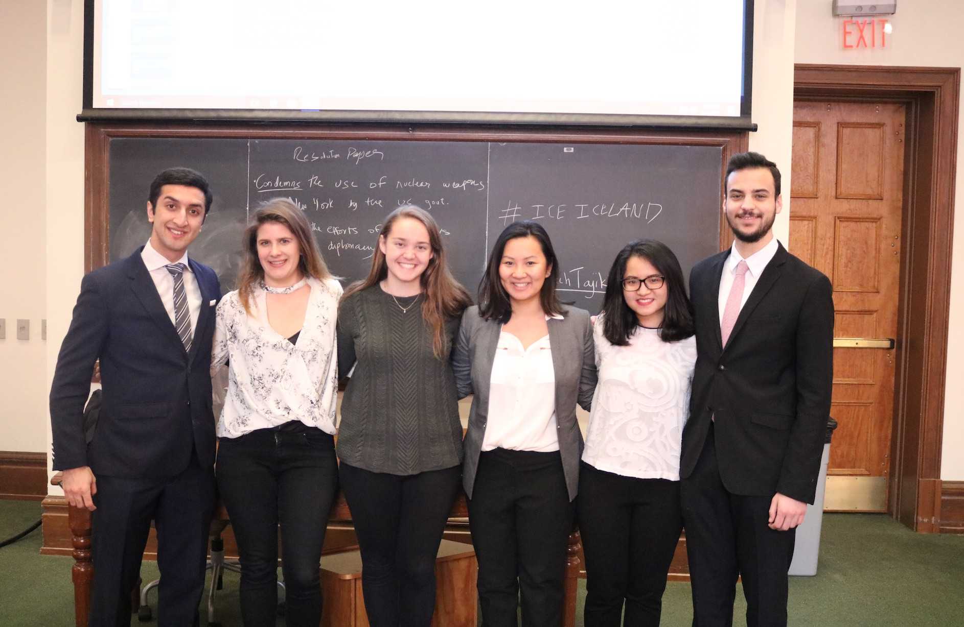 The executive board of MUN from left to right: Abdullah Rumman ’20, Zita Petrahai ’18, Alyssa Morrissey ’20, Meagan Dashcund ’18, Anh Nguyen ’18 and Daniel Duchaine ’18. Missing: Gaby Fleming ’19.