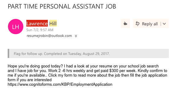 An example of a fraudulent email sent to a students Dickinson account over the summer.