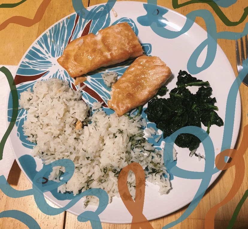 Salmon, rice, and spinach. Photo courtesy of Rebecca Agababian.
