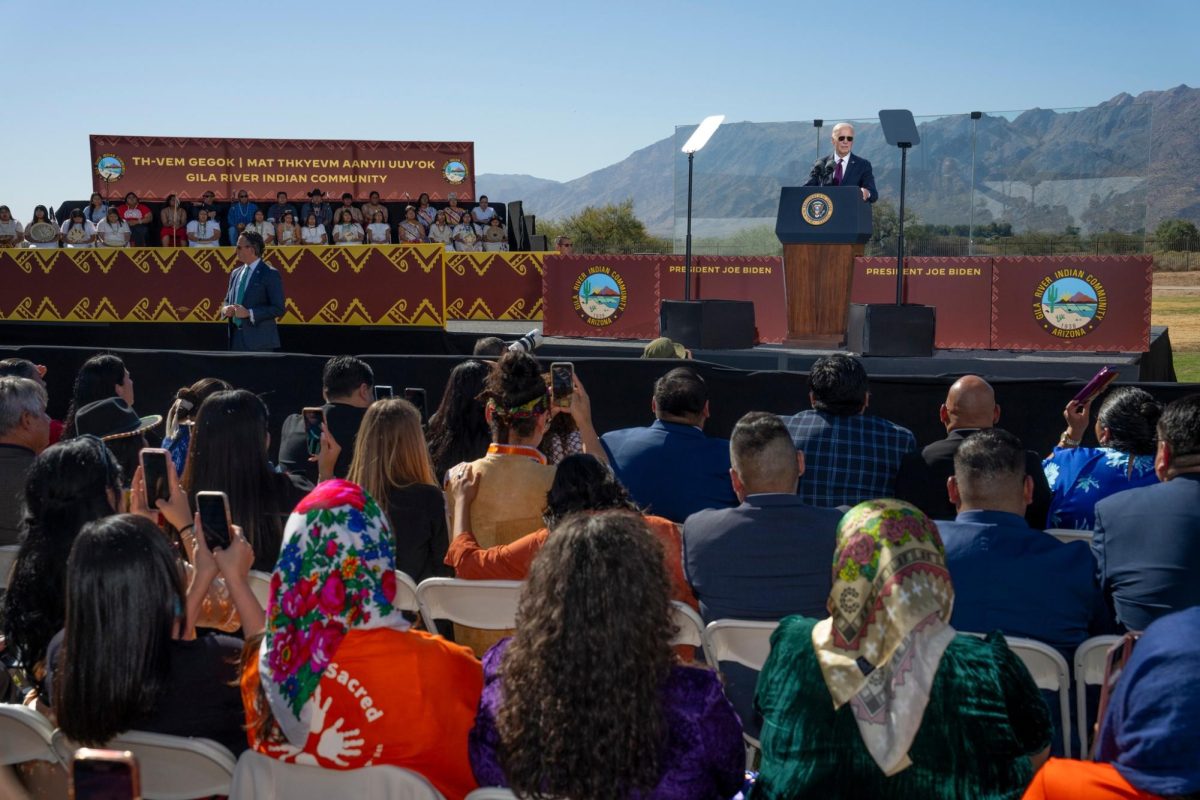 President Joe Biden at an event in Arizona apologizing for the United States' treatment of Native Americans at federal boarding schools.